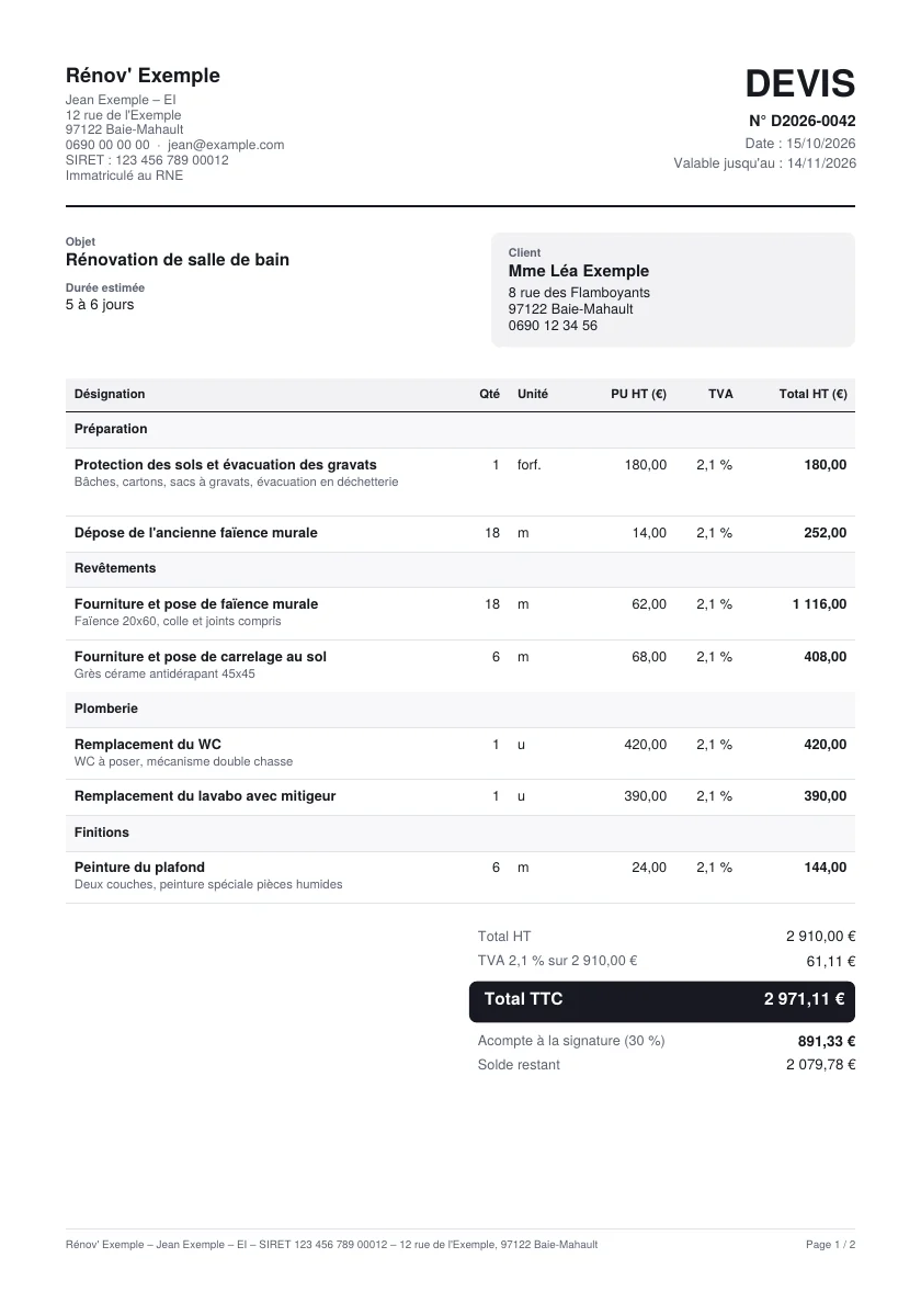 Devis PDF au format A4 : rénovation de salle de bain à Baie-Mahault, avec les lignes, la TVA à 2,1 % et le total TTC.