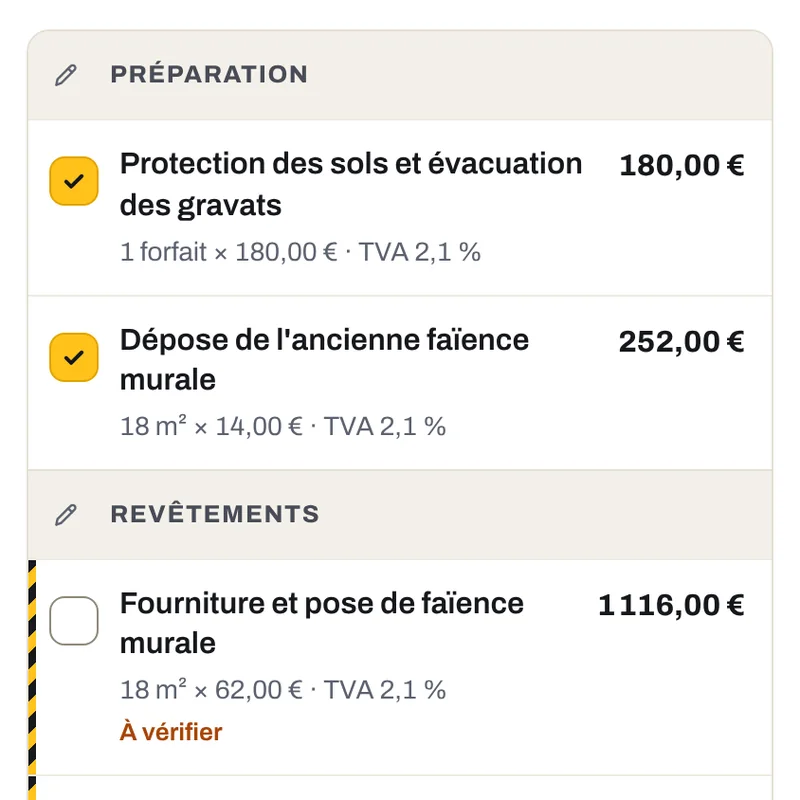 Les lignes proposées, rangées par section, avec la quantité, le prix et une case à cocher pour chaque ligne vérifiée.