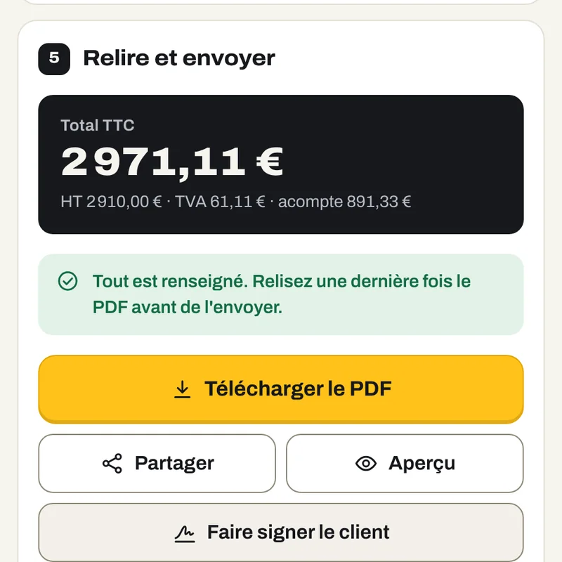 Le total TTC du devis et les boutons Télécharger le PDF, Partager et Faire signer le client.